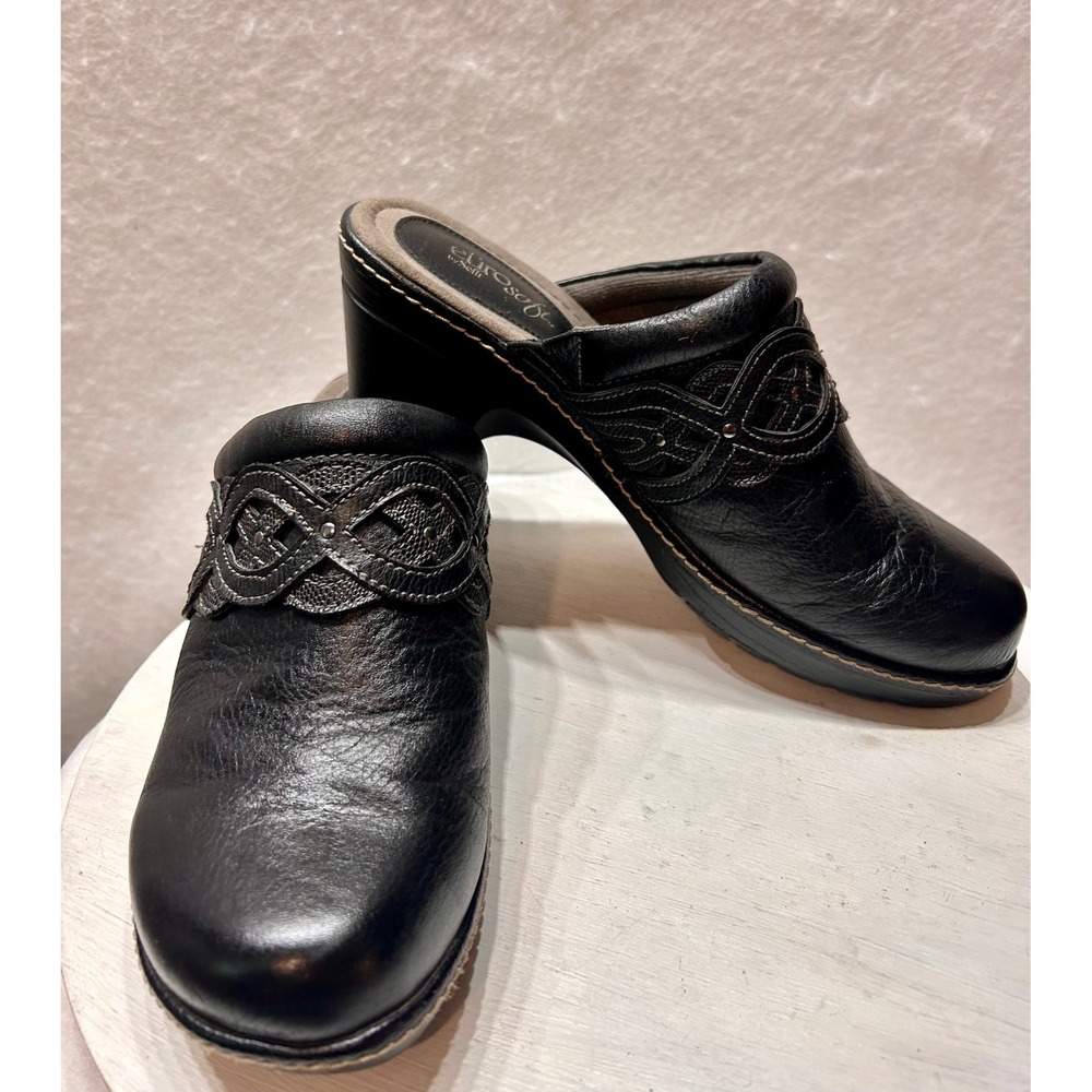 EuroSoft by Sofft Black Leather Clogs Mules Studded Slip On Heels Womens 8.5